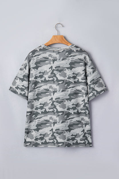 Green Retro Camouflage Print Raw Edge V Neck Tee