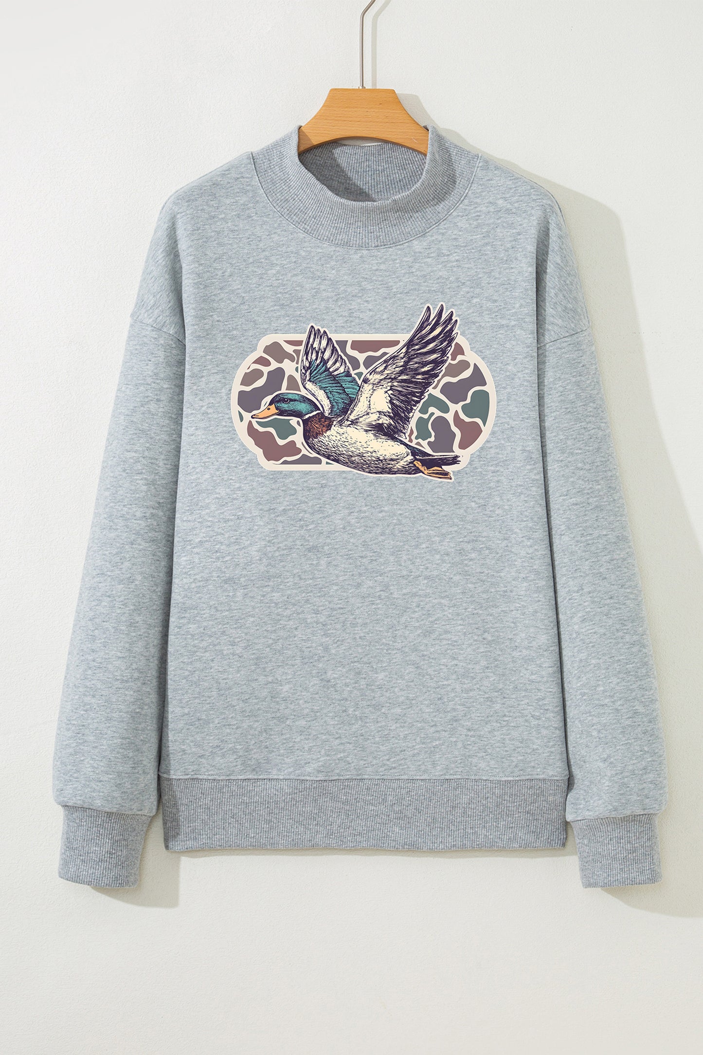 Gray Mallard Duck Camouflage Print Mock Neck Sweatshirt