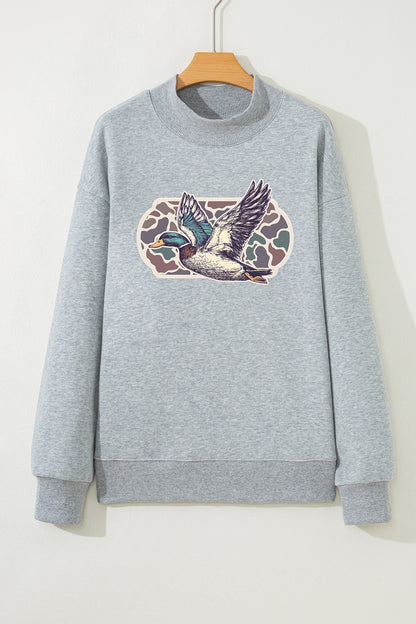 Gray Mallard Duck Camouflage Print Mock Neck Sweatshirt