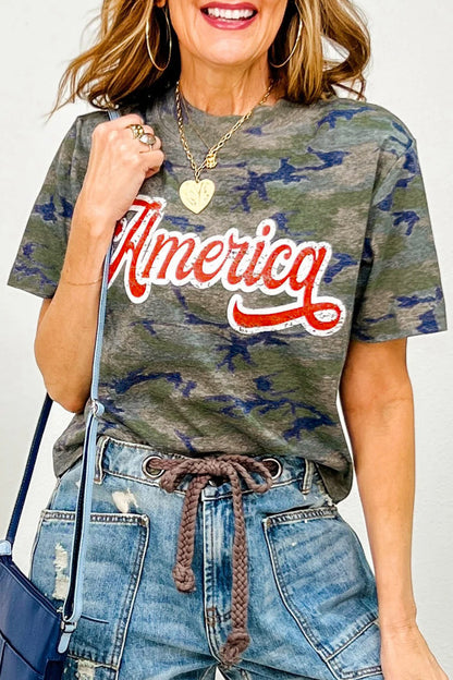 Multicolour Stylish Camouflage Print America Patriotic Tee