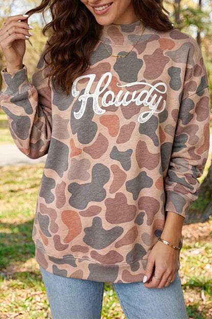 Multicolour Camo Print Howdy Western Style Baggy Pullover Sweatshirt