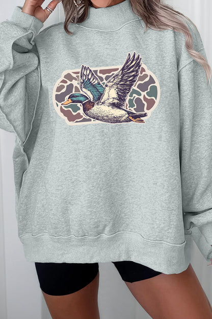 Gray Mallard Duck Camouflage Print Mock Neck Sweatshirt