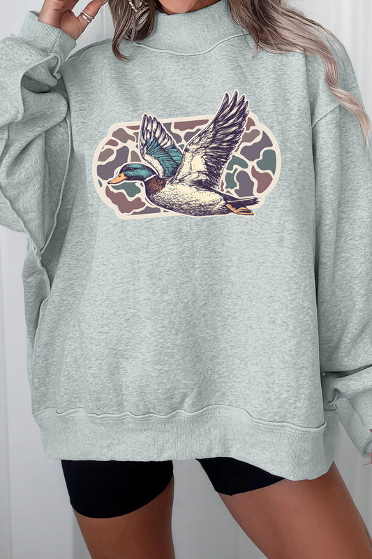 Gray Mallard Duck Camouflage Print Mock Neck Sweatshirt