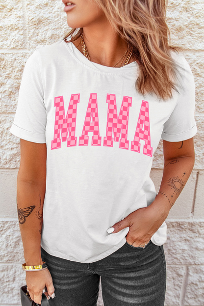 White Checkered MAMA Letter Heat Transfer Printing Graphic T Shirt