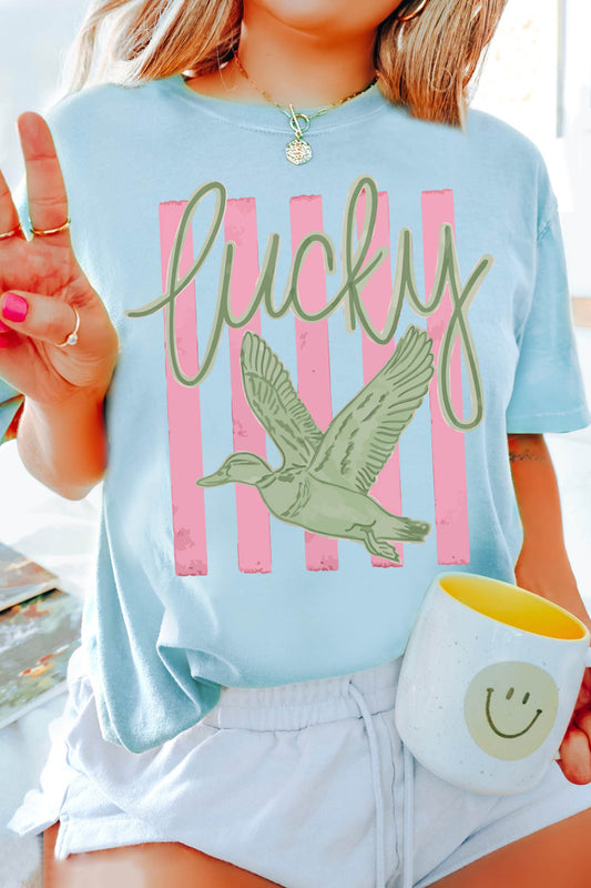 Light Blue Lucky Duck Print Casual Round Neck T Shirt