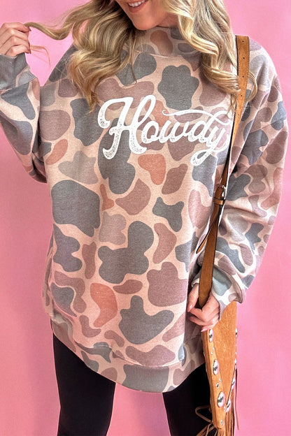 Multicolour Camo Print Howdy Western Style Baggy Pullover Sweatshirt