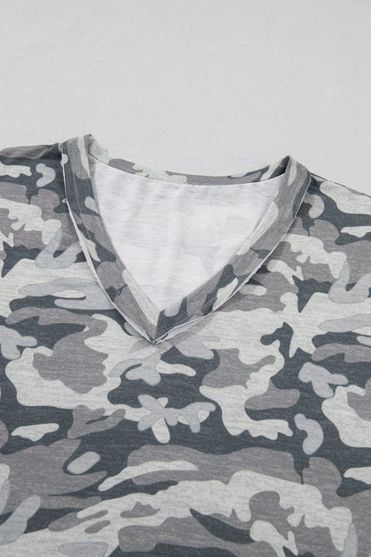 Green Retro Camouflage Print Raw Edge V Neck Tee