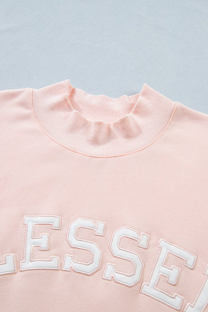 Light Pink BLESSED Embroidered Trim Patch Graphic Plus Size Mock Neck Sweatshirt