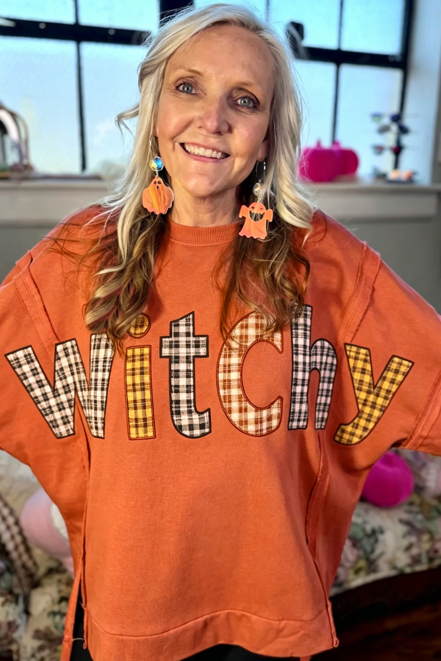 Flamingo Halloween Witchy Plaid Slogan Embroidered Patch Tunic Sweatshirt