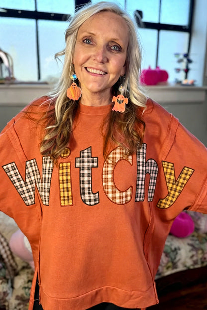Flamingo Halloween Witchy Plaid Slogan Embroidered Patch Tunic Sweatshirt
