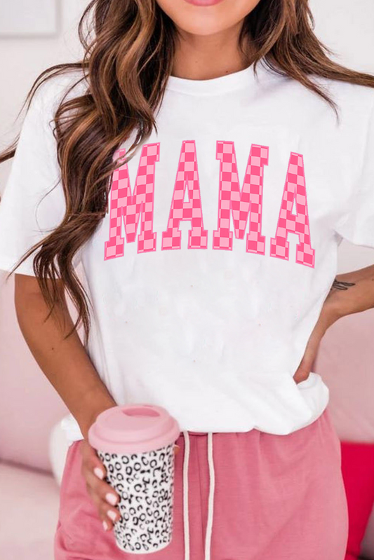 White Checkered MAMA Letter Heat Transfer Printing Graphic T Shirt
