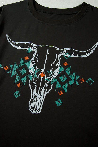 Plus Size Western Aztec Bull Skull Printed T Shirt
