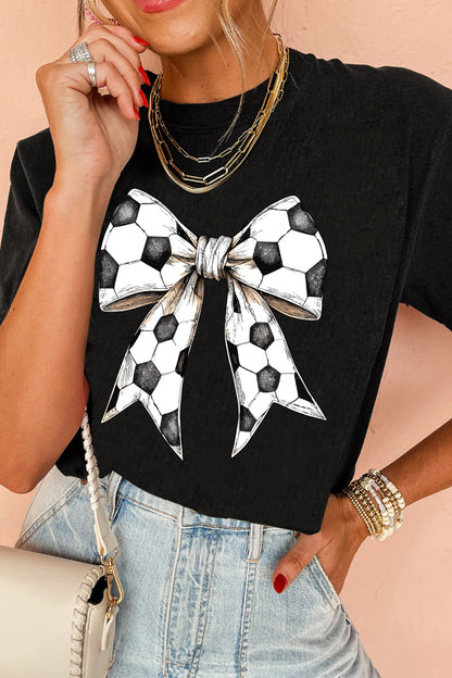 Black Soccer Bow Graphic Casual Summer Tee