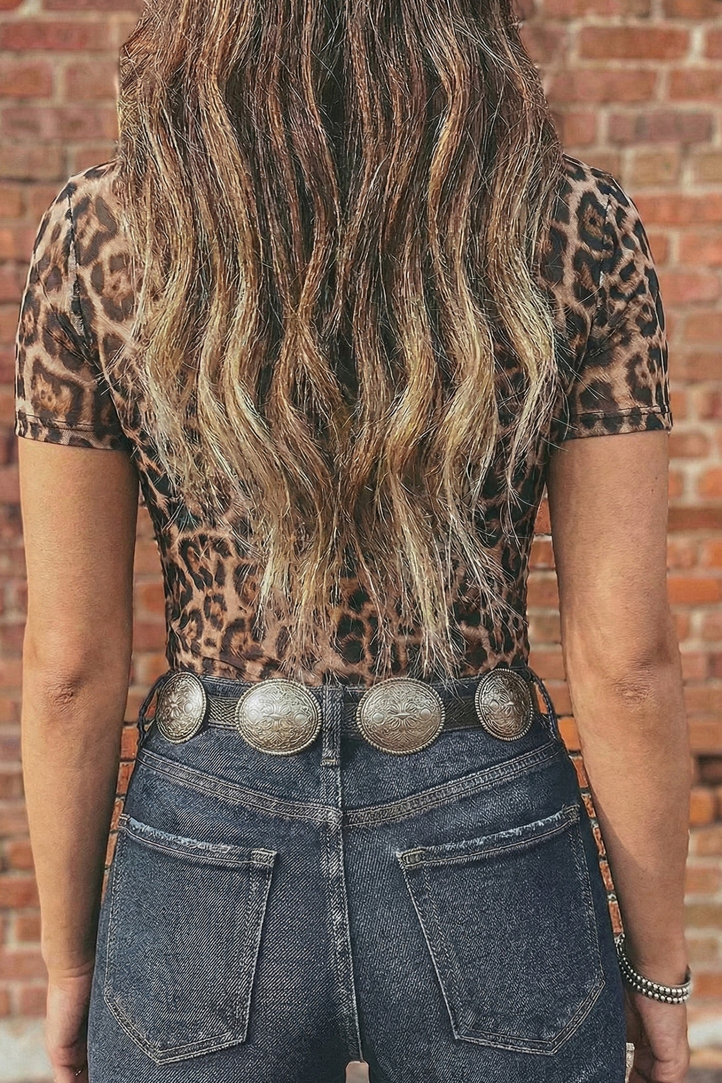 Camel Leopard Printed Mesh Short Sleeve Top